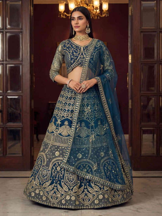 Royal Teal Blue Embroidered Bridal Lehenga Set