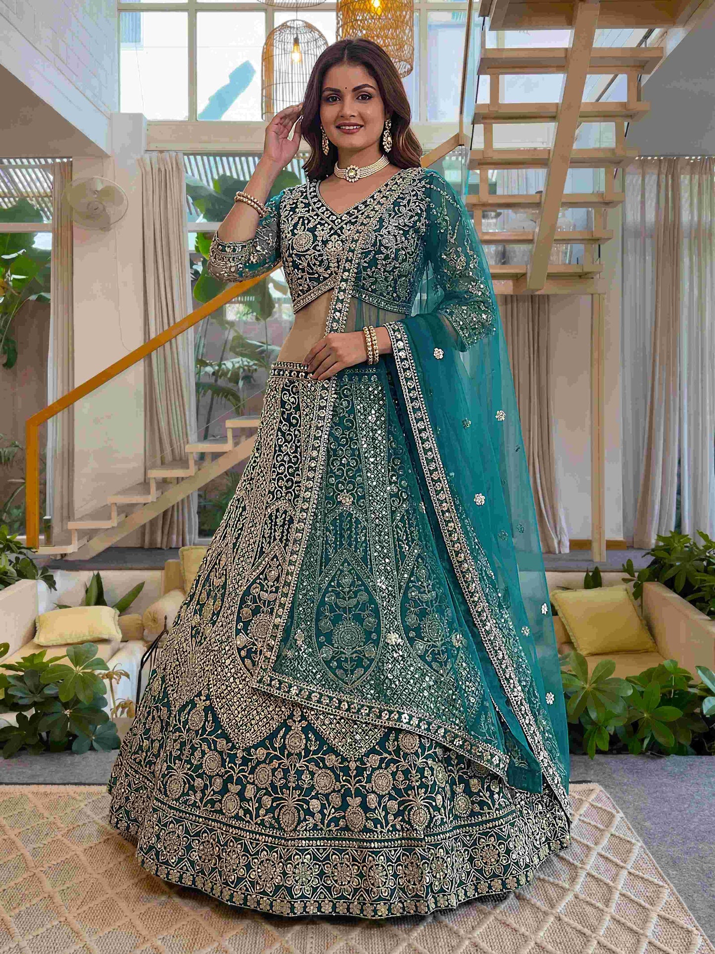 Luxury Teal Butterfly Net Sequence And Embroidery Designer Sangeet Wear Lehenga Choli