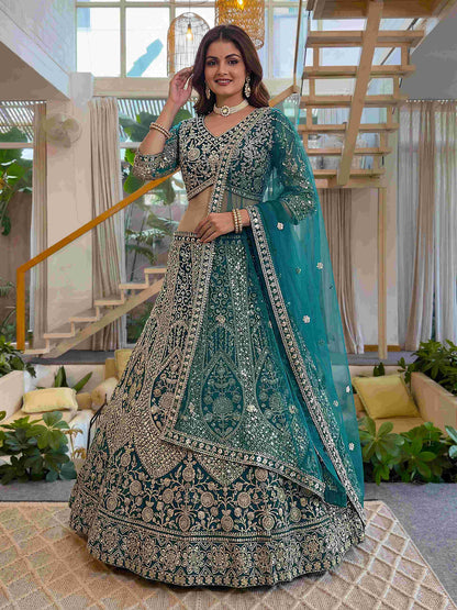 Luxury Teal Butterfly Net Sequence And Embroidery Designer Sangeet Wear Lehenga Choli