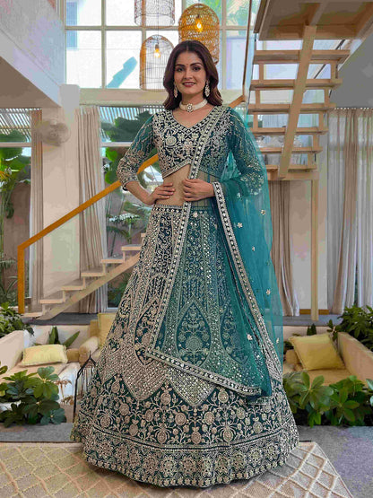 Luxury Teal Butterfly Net Sequence And Embroidery Designer Sangeet Wear Lehenga Choli