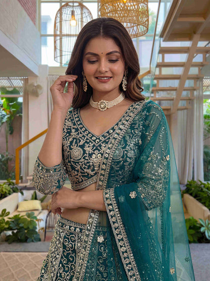 Luxury Teal Butterfly Net Sequence And Embroidery Designer Sangeet Wear Lehenga Choli