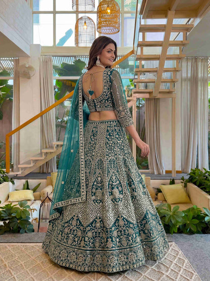 Luxury Teal Butterfly Net Sequence And Embroidery Designer Sangeet Wear Lehenga Choli
