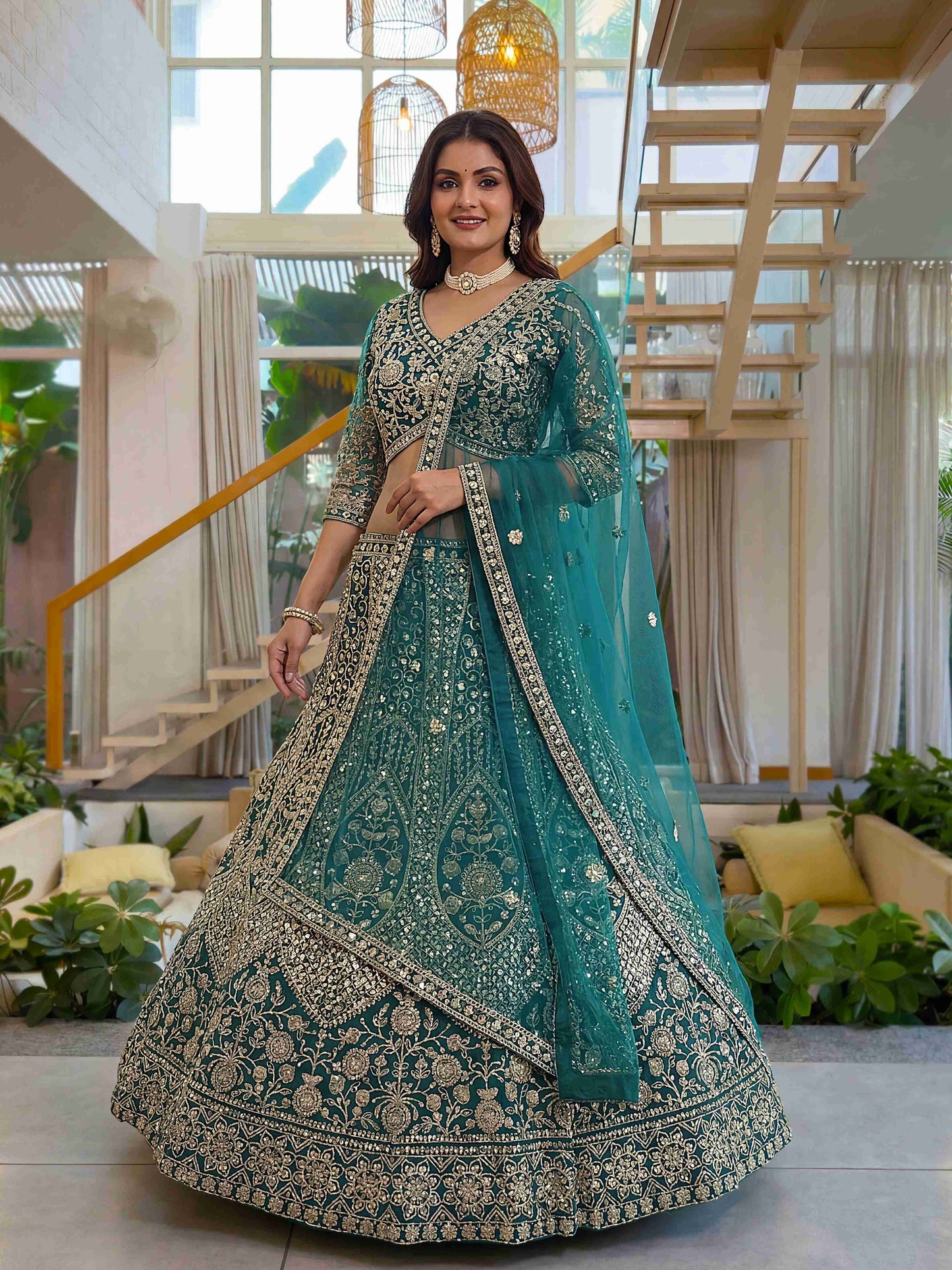 Luxury Teal Butterfly Net Sequence And Embroidery Designer Sangeet Wear Lehenga Choli