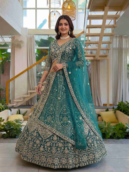 Luxury Teal Butterfly Net Sequence And Embroidery Designer Sangeet Wear Lehenga Choli