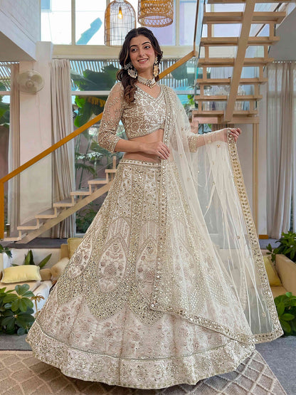 Moonlight Elegance White Butterfly Net Sequence And Embroidery Designer Sangeet Wear Lehenga Choli