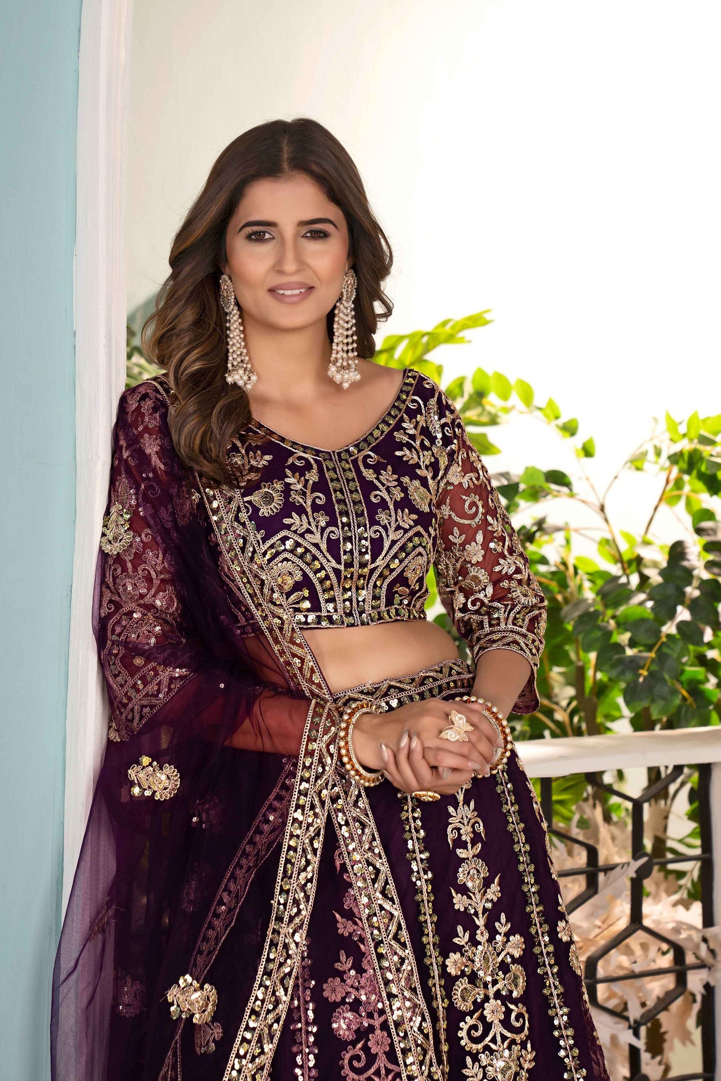 Pulm Purple Net Embroiderd Codding Designer Bridal Wear Lehanga Set