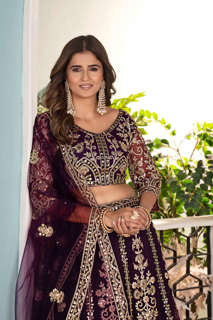 Pulm Purple Net Embroiderd Codding Designer Bridal Wear Lehanga Set