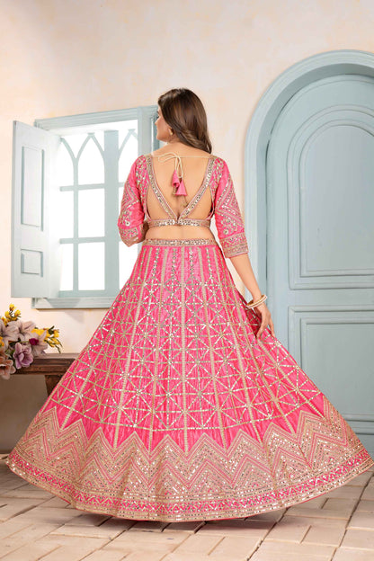Vibrant Pink Embroidery Sequence Designer Bridal Wear Lehenga Choli With Dupatta