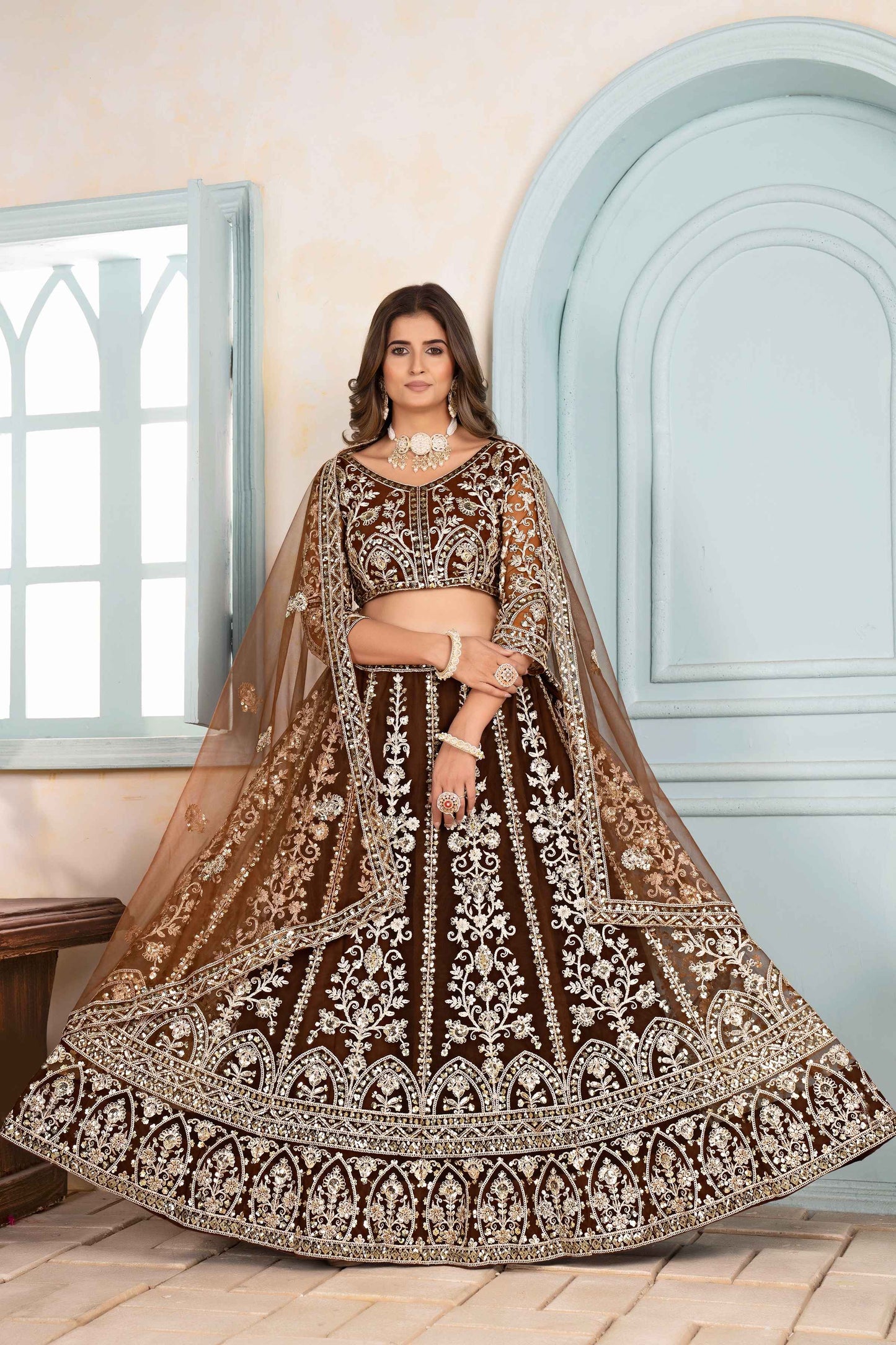 Enchanting Brown Golden Net Embroiderde Codding Designer Bridal Wear Lehanga Set