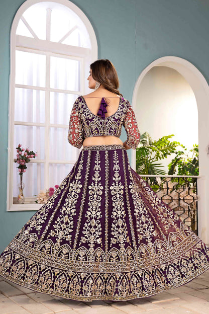 Pulm Purple Net Embroiderd Codding Designer Bridal Wear Lehanga Set