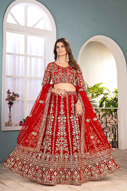 Incredible Red Net EmbroiderdCodding Designer Bridal Wear Lehanga Set