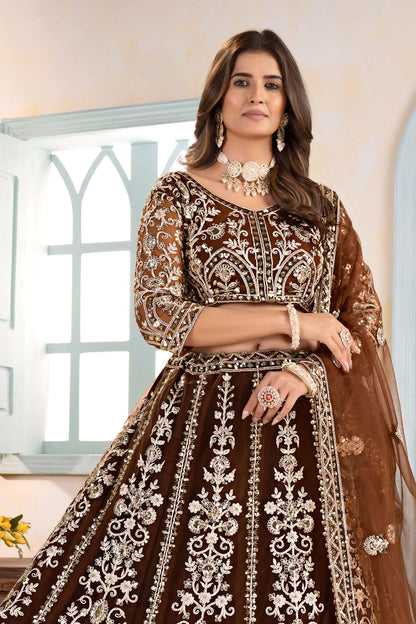 Enchanting Brown Golden Net Embroiderde Codding Designer Bridal Wear Lehanga Set