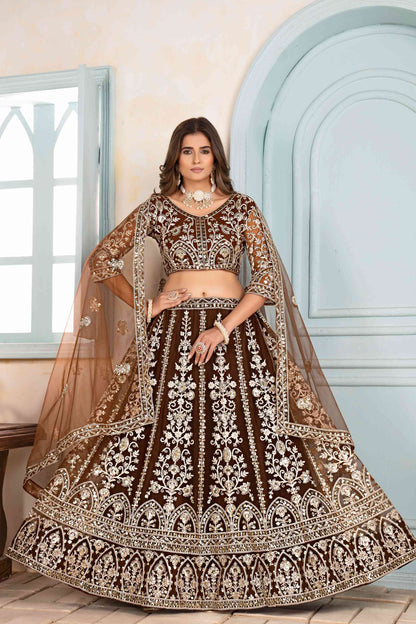 Enchanting Brown Golden Net Embroiderde Codding Designer Bridal Wear Lehanga Set