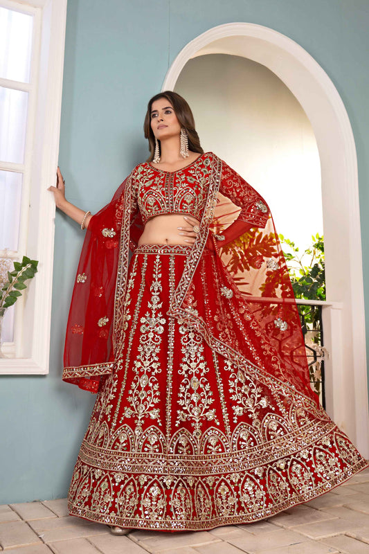 Incredible Red Net EmbroiderdCodding Designer Bridal Wear Lehanga Set