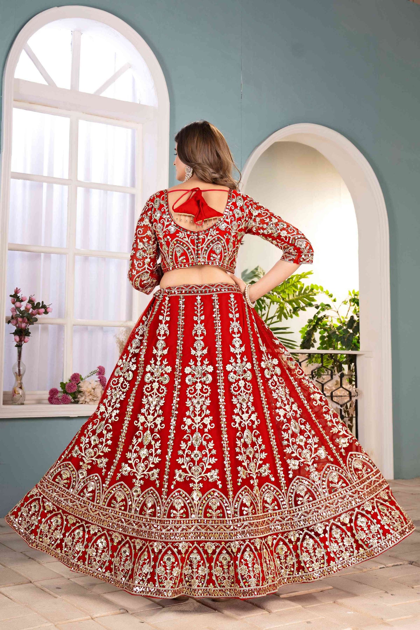 Incredible Red Net EmbroiderdCodding Designer Bridal Wear Lehanga Set