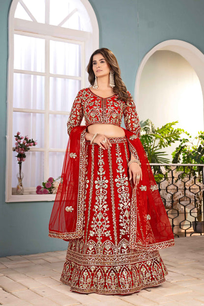 Incredible Red Net EmbroiderdCodding Designer Bridal Wear Lehanga Set