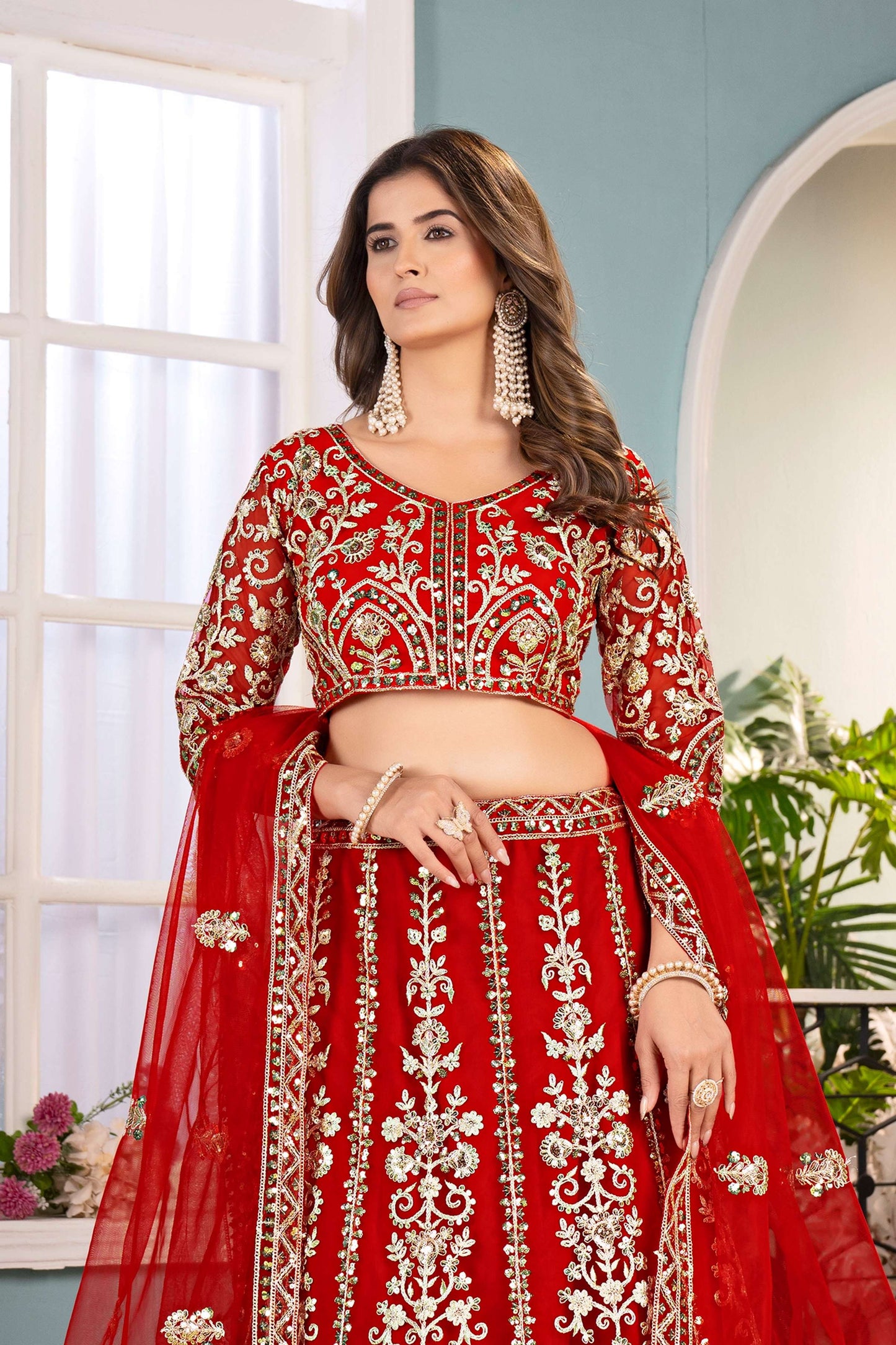 Incredible Red Net EmbroiderdCodding Designer Bridal Wear Lehanga Set