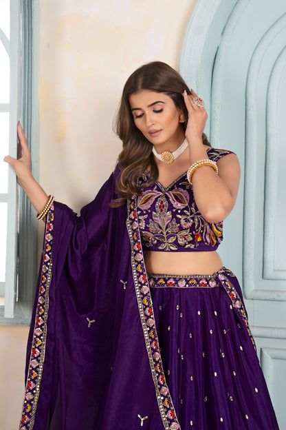 Georgeous Purple Embroidery Sequence Thread Designer Bridal Wear Lehenga Choli With Dupatta