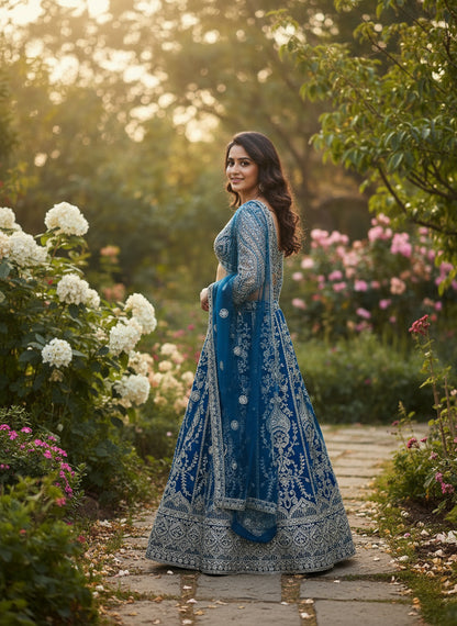 Incredible Teal Blue Sangeet Wear Butterfly Net Royal Lehenga Choli With Dupatta
