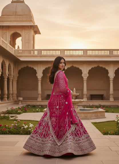 Regal Charm Hot Pink Butterfly Net Bridal Wear Royal Lehenga Choli And Dupatta