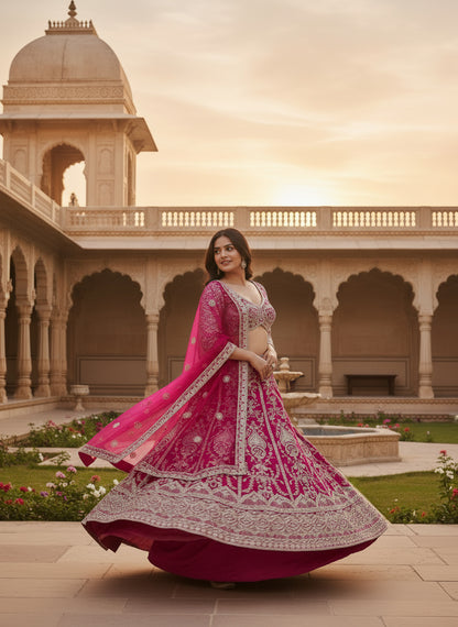 Regal Charm Hot Pink Butterfly Net Bridal Wear Royal Lehenga Choli And Dupatta