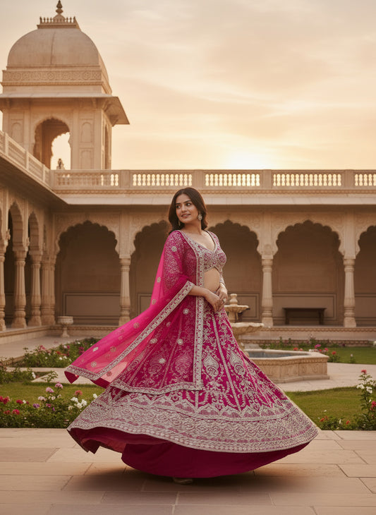 Regal Charm Hot Pink Butterfly Net Bridal Wear Royal Lehenga Choli And Dupatta