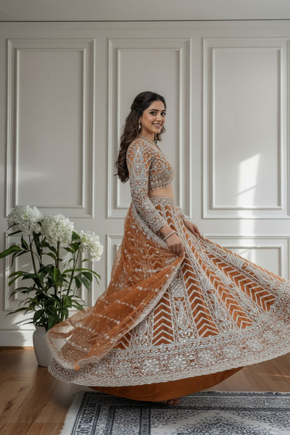 Intricate Rust Orange Butterfly Net Sequnce Designer Bridal Wear Lehenga Choli With Dupatta