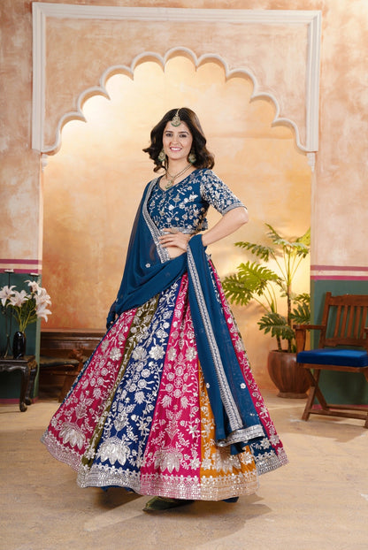 Alluring Multicolor Panelled Navy Blue Embroidered Lehenga Choli With Border Dupatta
