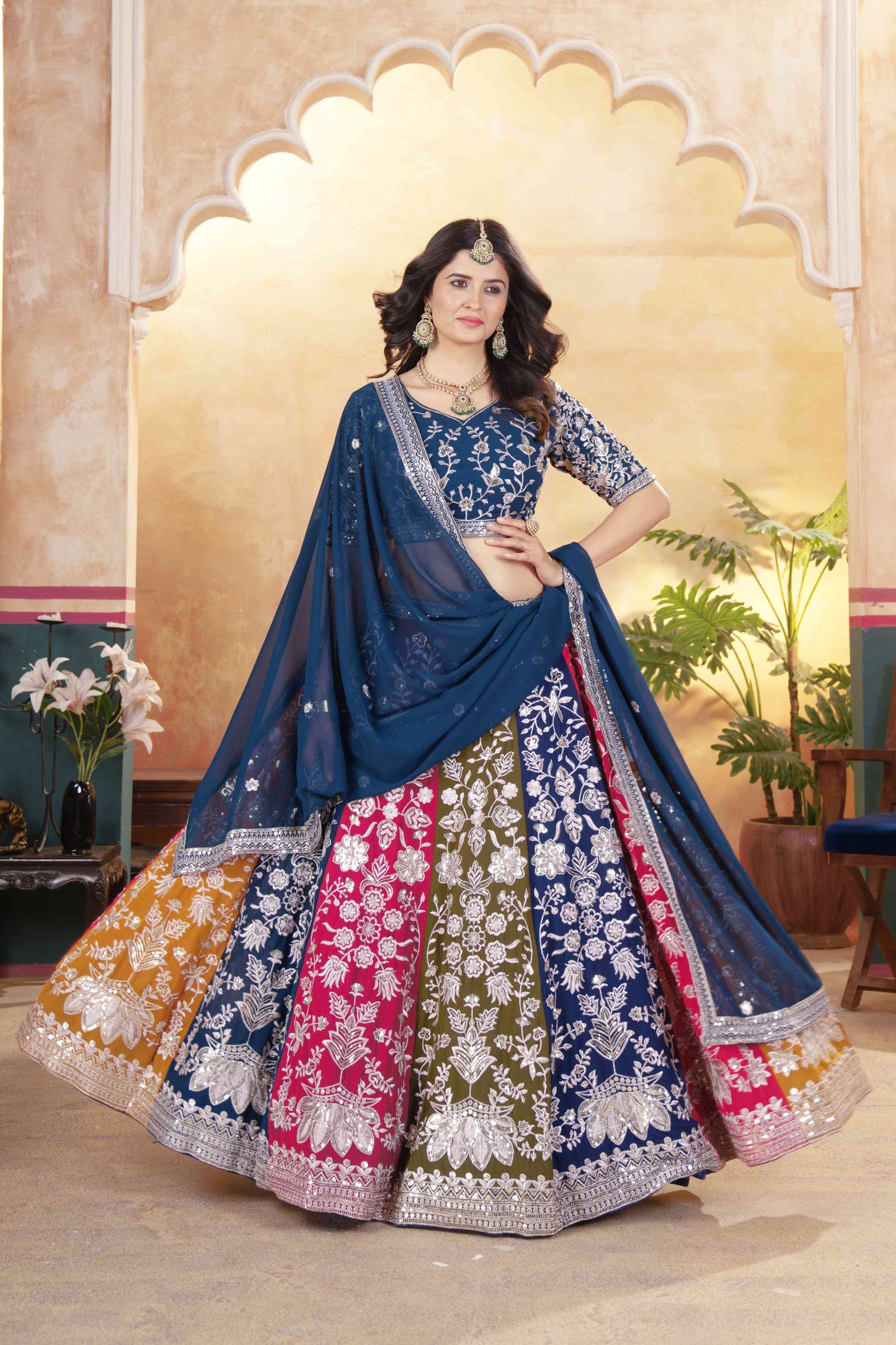 Alluring Multicolor Panelled Navy Blue Embroidered Lehenga Choli With Border Dupatta