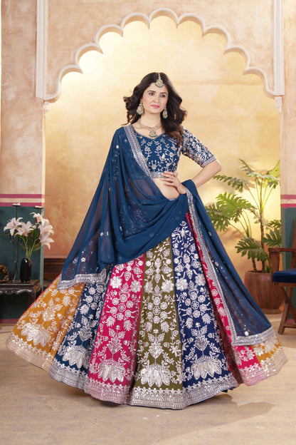 Alluring Multicolor Panelled Navy Blue Embroidered Lehenga Choli With Border Dupatta