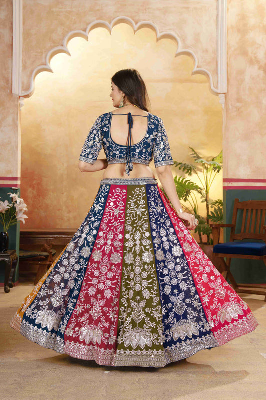 Alluring Multicolor Panelled Navy Blue Embroidered Lehenga Choli With Border Dupatta