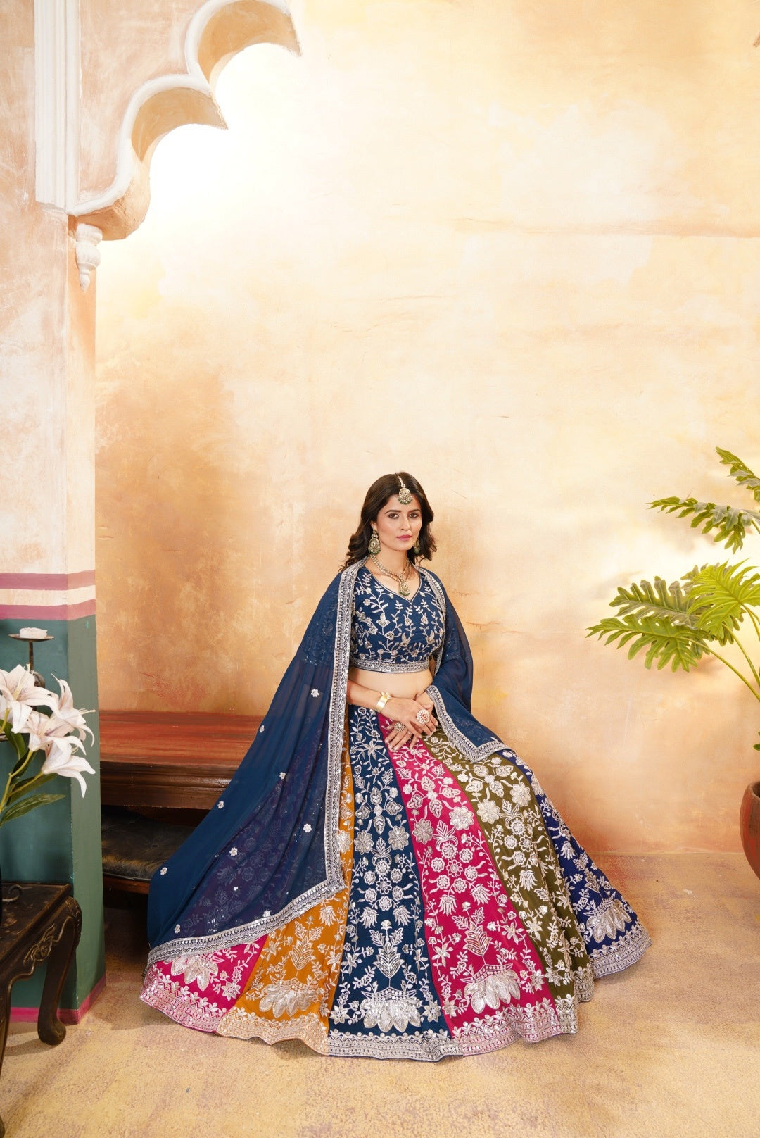 Alluring Multicolor Panelled Navy Blue Embroidered Lehenga Choli With Border Dupatta