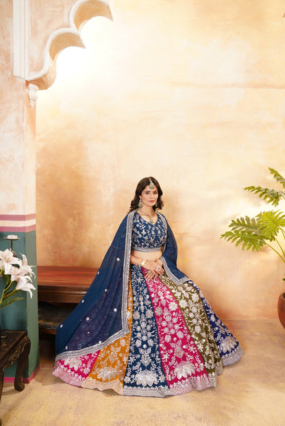 Alluring Multicolor Panelled Navy Blue Embroidered Lehenga Choli With Border Dupatta