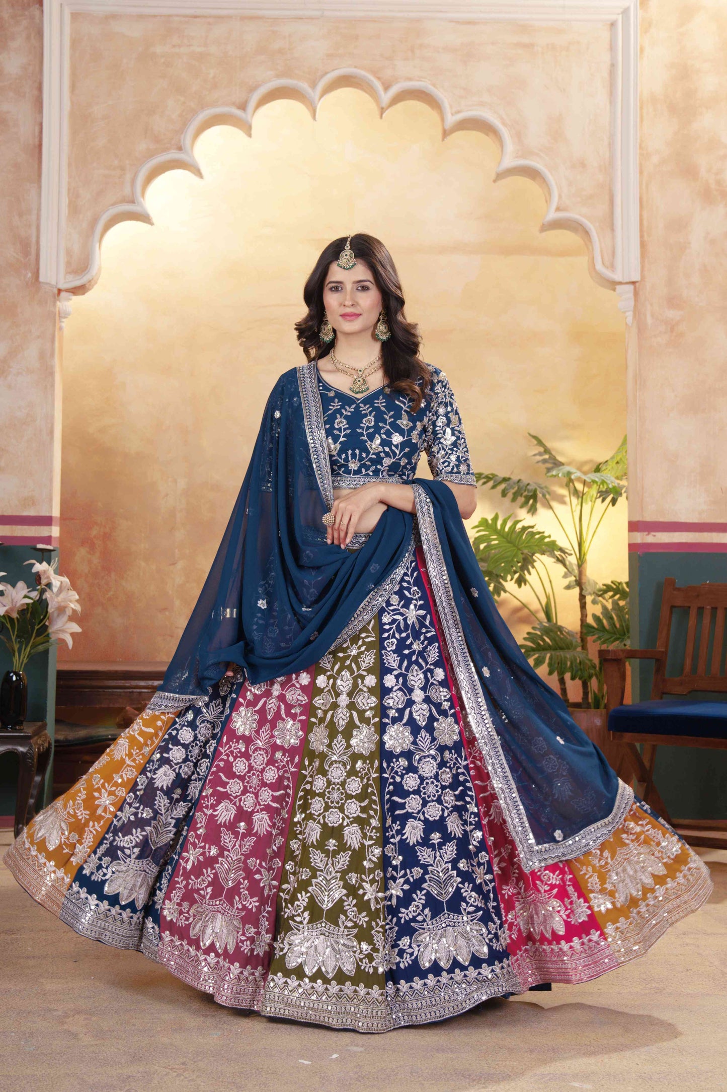Alluring Multicolor Panelled Navy Blue Embroidered Lehenga Choli With Border Dupatta