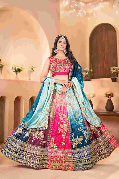 Impressive Multicolor Chinon Pedding Embroidery Sequence Designer Bridal Wear Lehenga Choli With Dupattta