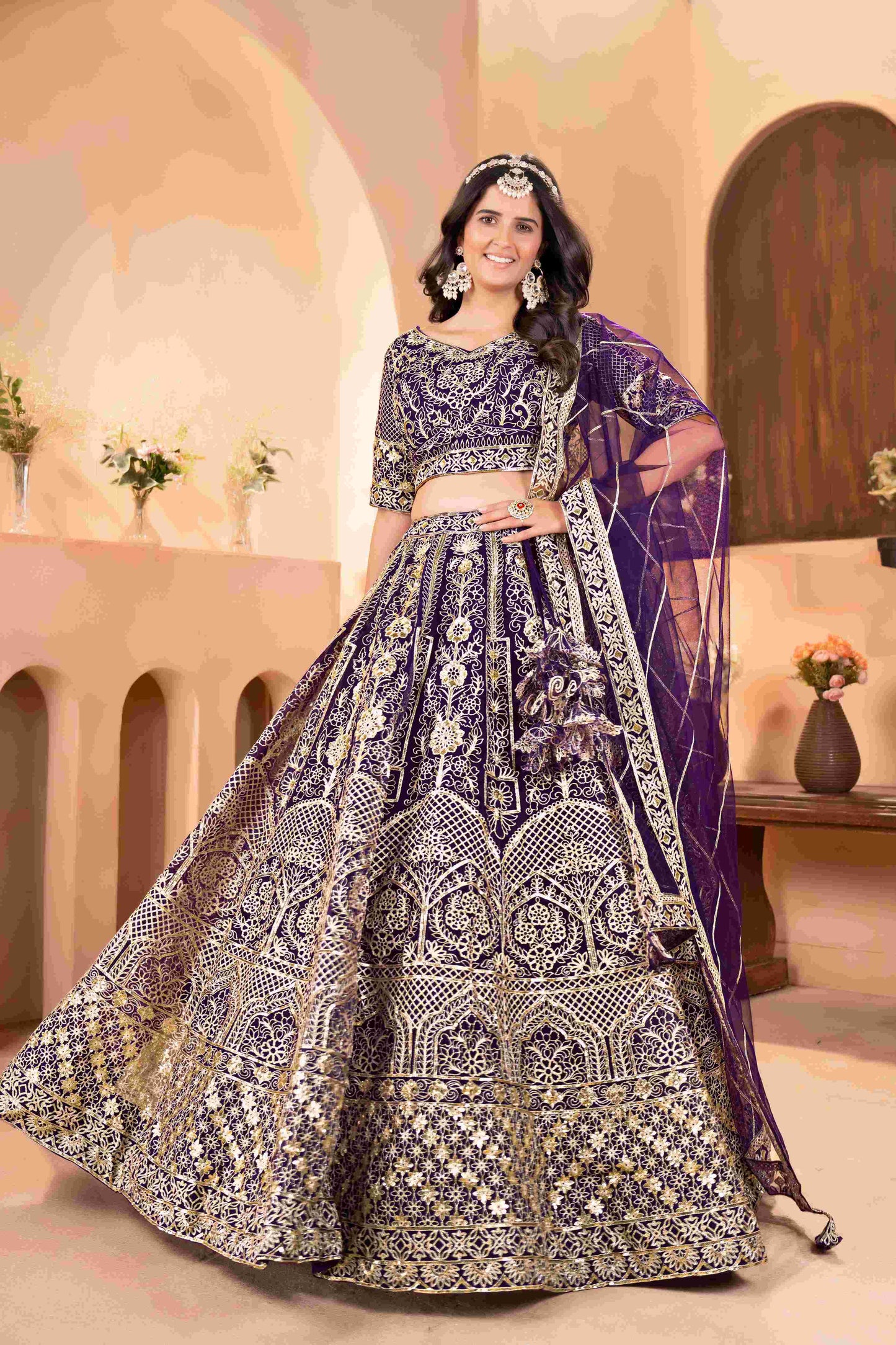 Majestic Purple Embroidered Sequence Designer Bridal Wear Lehenega Choli With Dupatta
