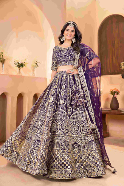 Majestic Purple Embroidered Sequence Designer Bridal Wear Lehenega Choli With Dupatta