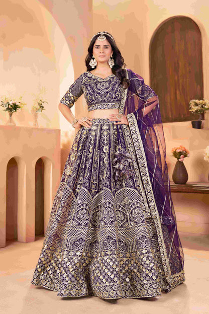 Majestic Purple Embroidered Sequence Designer Bridal Wear Lehenega Choli With Dupatta