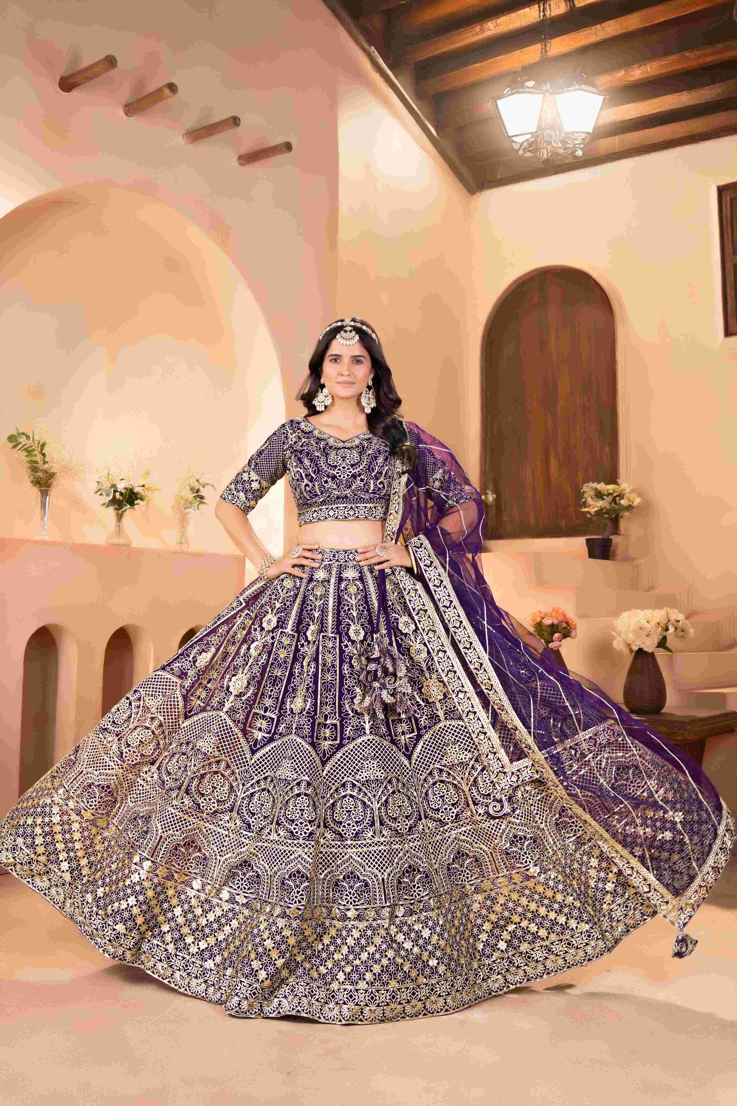 Majestic Purple Embroidered Sequence Designer Bridal Wear Lehenega Choli With Dupatta
