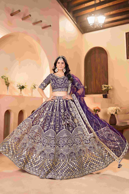 Majestic Purple Embroidered Sequence Designer Bridal Wear Lehenega Choli With Dupatta