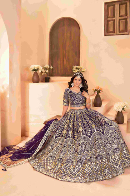 Majestic Purple Embroidered Sequence Designer Bridal Wear Lehenega Choli With Dupatta