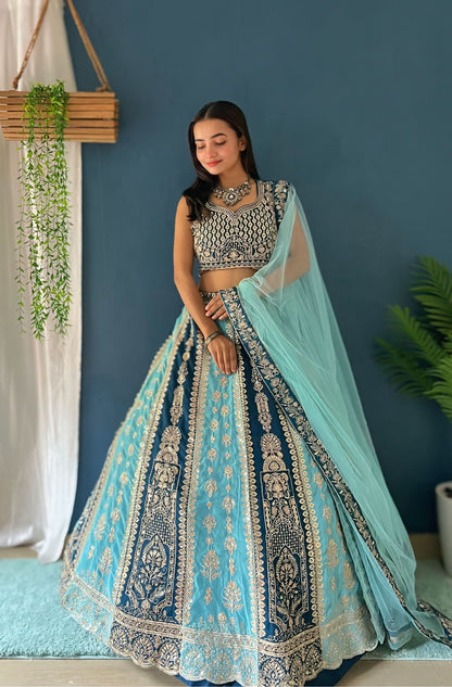 Attractive Aqua Zari Work Designer Lehenga Beautiful Patterned choli & Dupatta