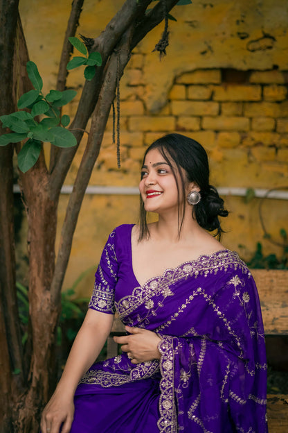 Majestic Purple Tabby Organza Silk C Pallu Wedding Wear Saree With Embroidery Sequnce Blouse