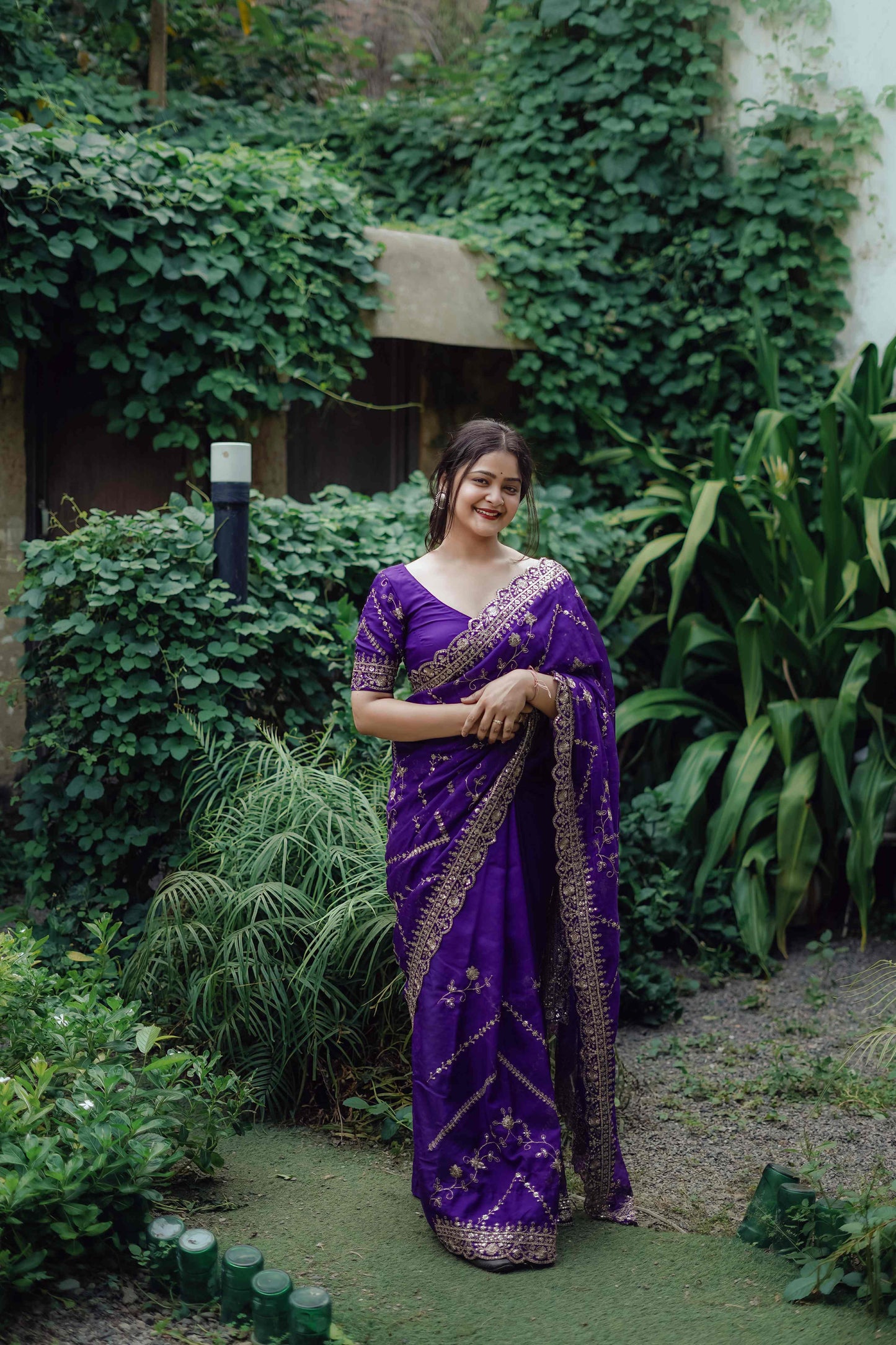 Majestic Purple Tabby Organza Silk C Pallu Wedding Wear Saree With Embroidery Sequnce Blouse