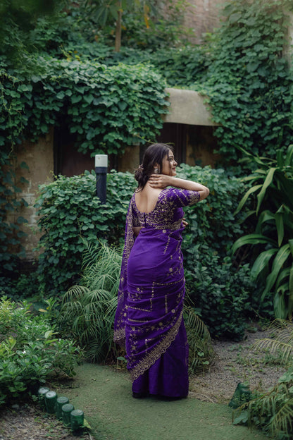 Majestic Purple Tabby Organza Silk C Pallu Wedding Wear Saree With Embroidery Sequnce Blouse