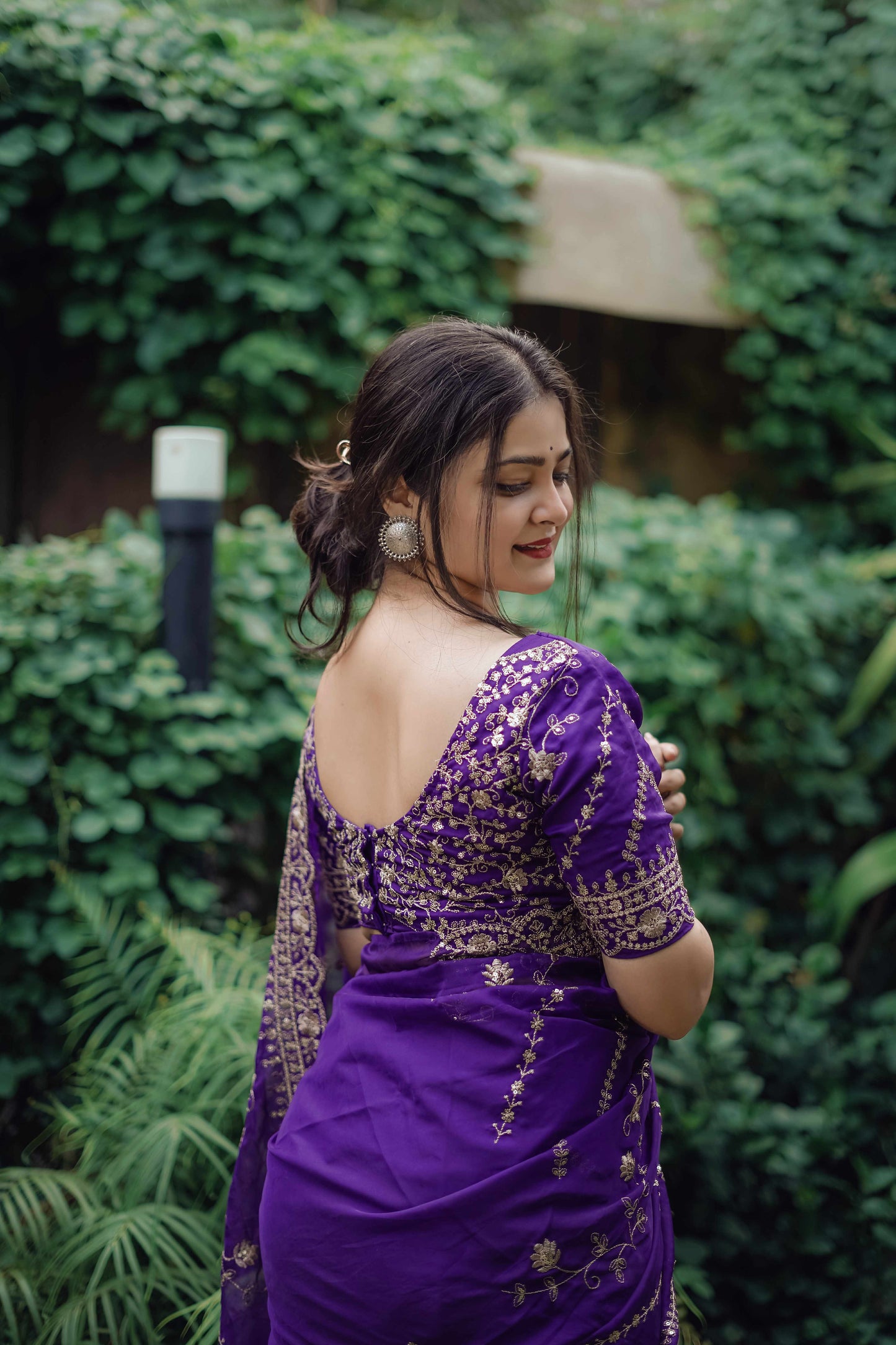 Majestic Purple Tabby Organza Silk C Pallu Wedding Wear Saree With Embroidery Sequnce Blouse