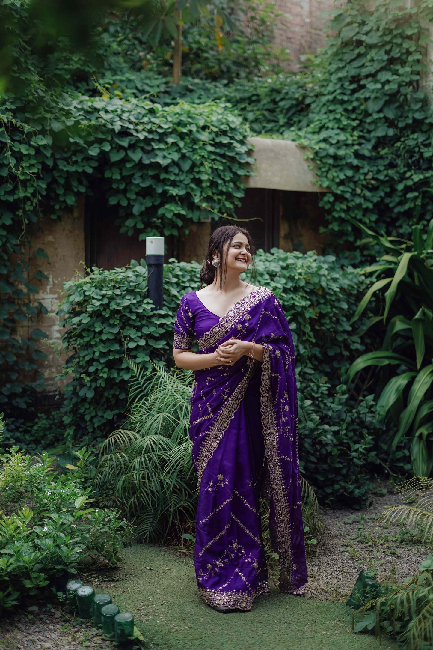 Majestic Purple Tabby Organza Silk C Pallu Wedding Wear Saree With Embroidery Sequnce Blouse