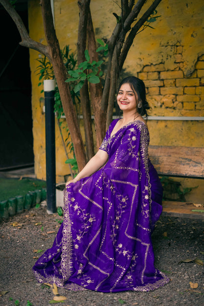 Majestic Purple Tabby Organza Silk C Pallu Wedding Wear Saree With Embroidery Sequnce Blouse