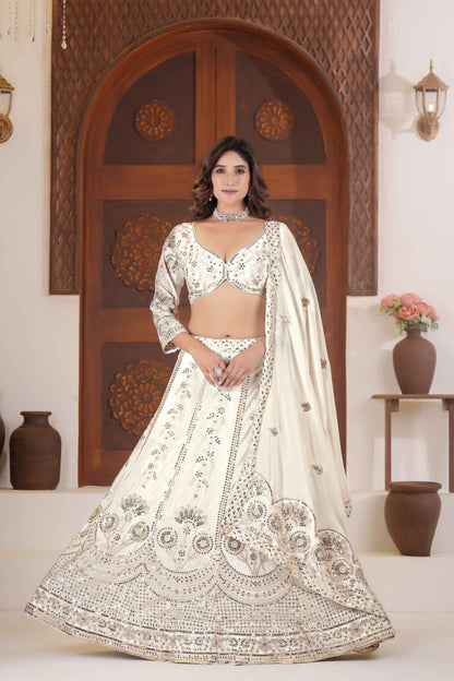 Ivory White Chinon Silk Silver Zari Designer Bridal Wear Lehenga Choli With Dupatta
