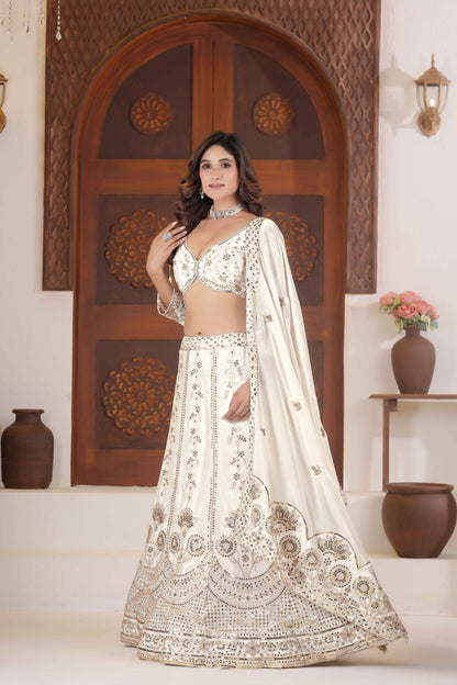 Ivory White Chinon Silk Silver Zari Designer Bridal Wear Lehenga Choli With Dupatta